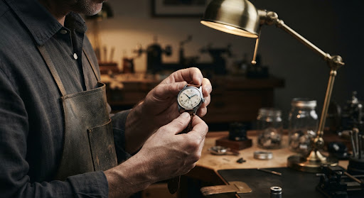 A cinematic, detailed close-up shot of an artisan's hands gently examining a vintage luxury watch under a warm, focused desk lamp. The background is blurred, showing soft silhouettes of a refined workshop. The color palette features deep charcoal shadows, warm brass tones, and crisp white highlights, conveying a mood of expertise, heritage, and quiet luxury.